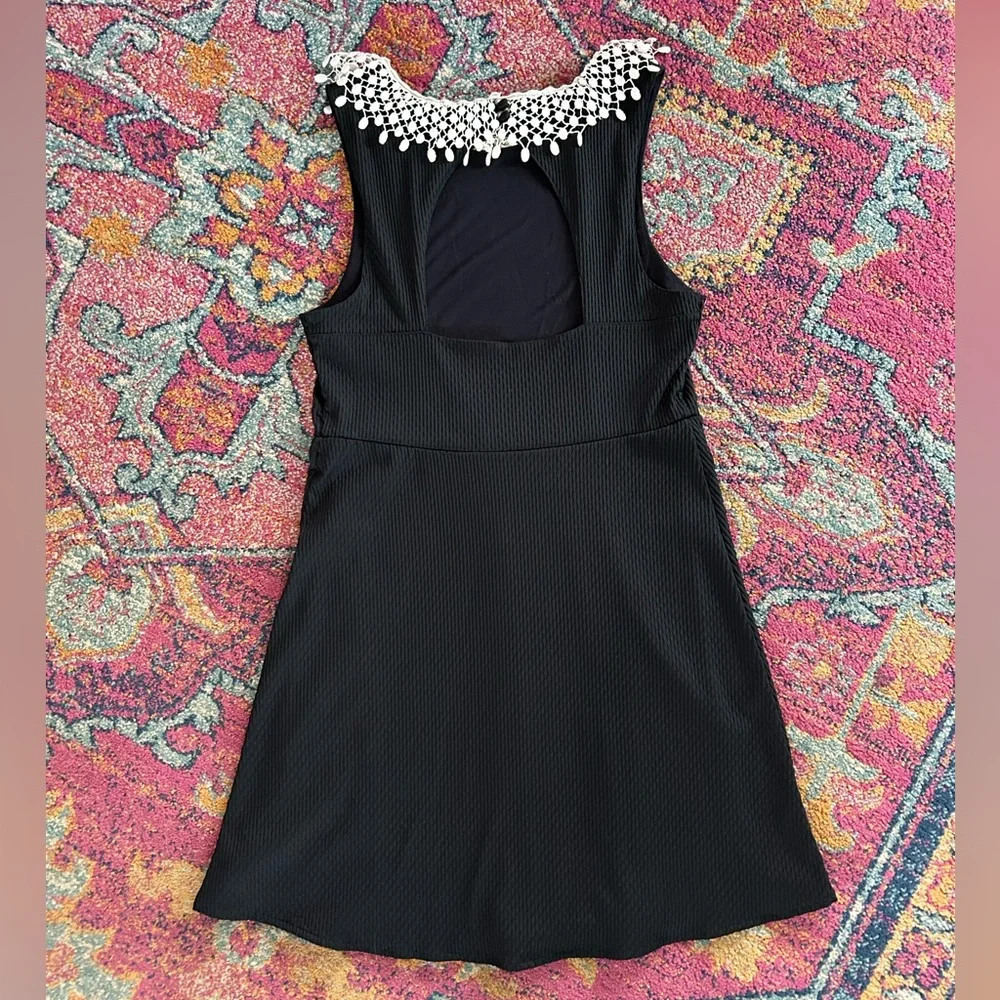 Free People | Womens Black Mini Dress Cream Crochet Peter Pan Collar Open Back M - Picture 9 of 16